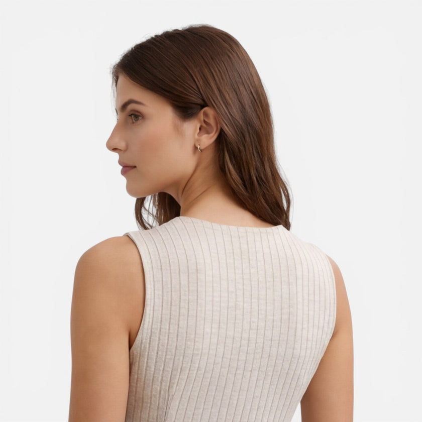 Women's sleeveless striped dress by FJØRNA featuring a button front and slim fit, perfect for casual or summer wear.