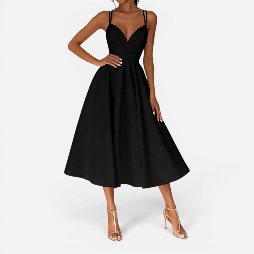 FJØRNA women's wedding guest midi dress with flowing waist cut, elegant and stylish for formal occasions.