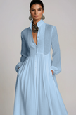 FJØRNA Fizza Plunge Ruch Maxi Dress in light blue, flowy dress with ruching and a plunging neckline, perfect for elegant occasions