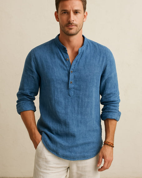 Fjorna | Men's Linen Shirt White Grandad Collar Relaxed Fit 1