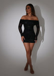 Fjorna | Women's Cocktail Dress Black Size S Glitter Mesh Off Shoulder 0