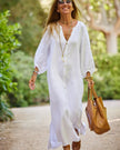 Fjorna | Women's Dress White Linen Oversized Puff Sleeve Size S 3