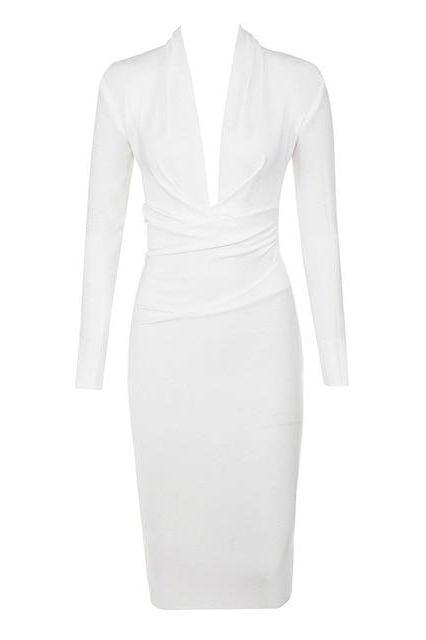 Fjorna | Women's Dress White Pearl Bandage Knee-Length Polyester 0