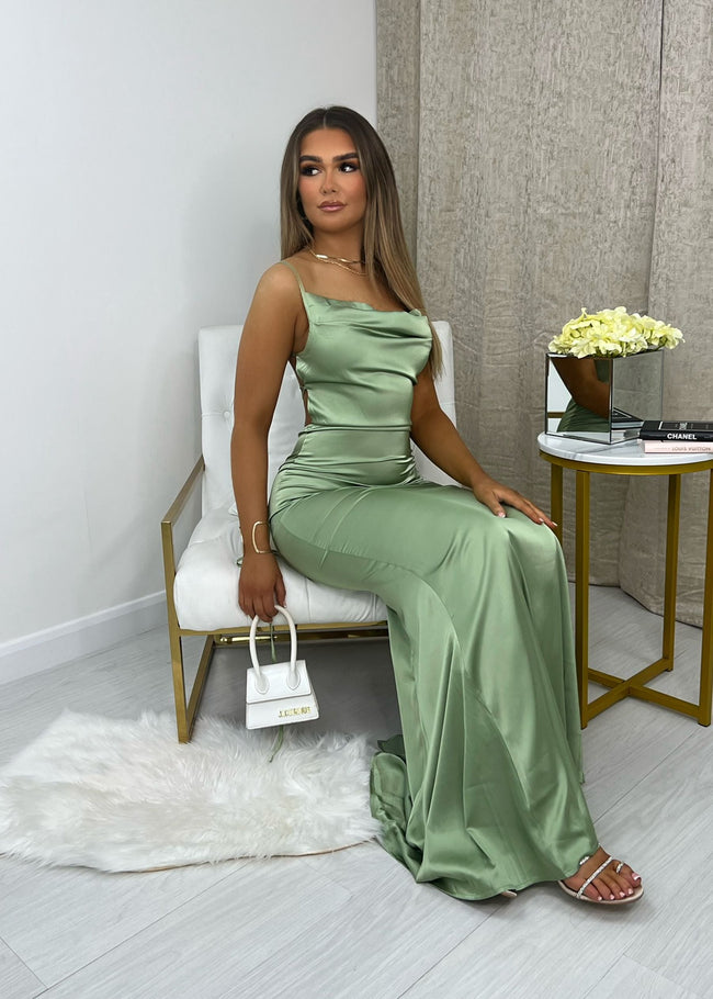 Fjorna | Women's Evening Dress Mint Satin Size S Luxurious with Split 0