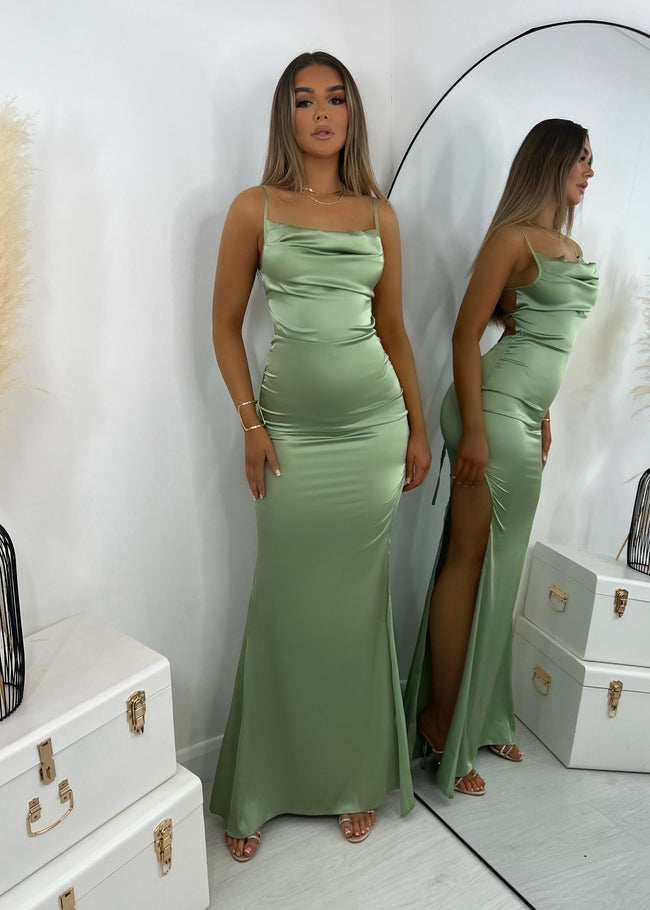 Fjorna | Women's Evening Dress Mint Satin Size S Luxurious with Split 1