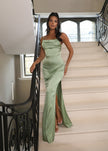 Fjorna | Women's Evening Dress Mint Satin Size S Luxurious with Split 4
