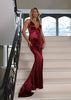 Fjorna | Women's Evening Gown Wine Satin Thigh-High Slit 5