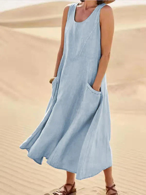 Fjorna | Women's Linen Dress White Relaxed Fit Summer Style 1