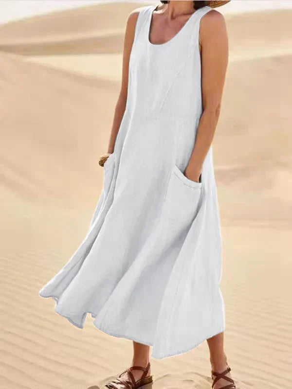 Fjorna | Women's Linen Dress White Relaxed Fit Summer Style 3