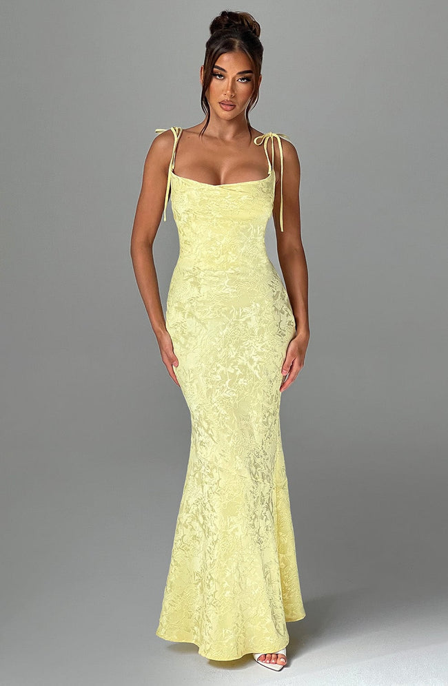 Fjorna | Women's Maxi Dress Lemon Floral Jacquard Size XS 0