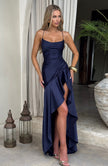 Fjorna | Women's Maxi Dress Navy Size M Stretch Satin with Ruffle Hem 1