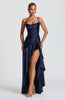 Fjorna | Women's Maxi Dress Navy Size M Stretch Satin with Ruffle Hem 2
