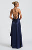Fjorna | Women's Maxi Dress Navy Size M Stretch Satin with Ruffle Hem 3