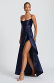 Fjorna | Women's Maxi Dress Navy Size M Stretch Satin with Ruffle Hem 4