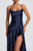Fjorna | Women's Maxi Dress Navy Size M Stretch Satin with Ruffle Hem 5