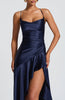 Fjorna | Women's Maxi Dress Navy Size M Stretch Satin with Ruffle Hem 5