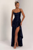 Fjorna | Women's Maxi Dress Navy Size M Stretch Satin with Ruffle Hem 7