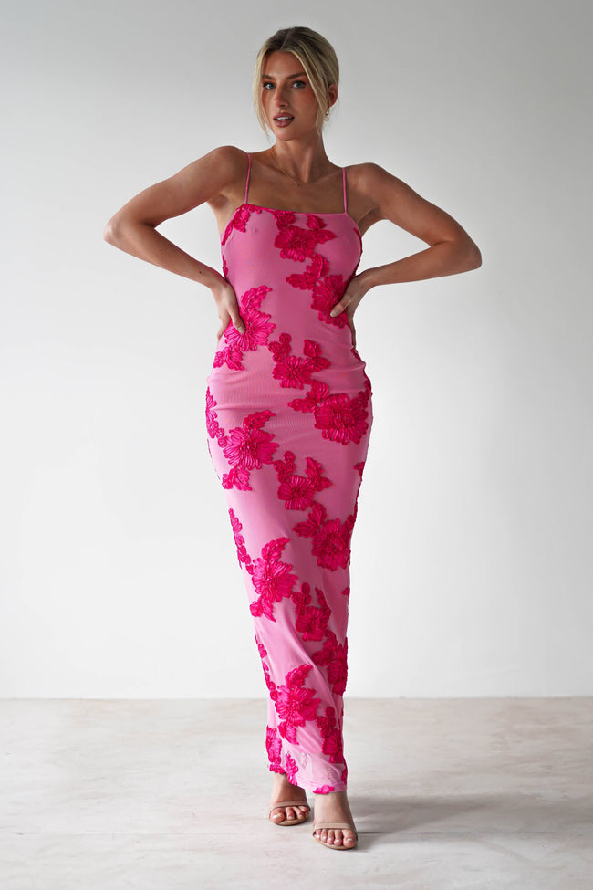 Fjorna | Women's Maxi Dress Pink Floral Mesh Polyester 0