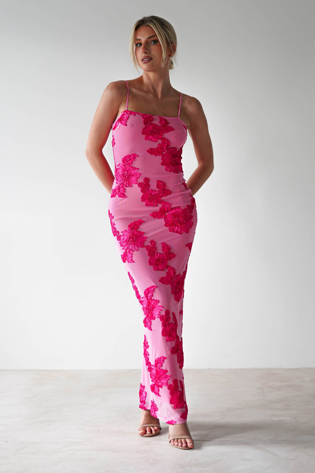 Fjorna | Women's Maxi Dress Pink Floral Mesh Polyester 1
