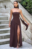 Fjorna | Women's Maxi Dress Plum Brown Non-Stretch Crepe with Thigh-High Split 0