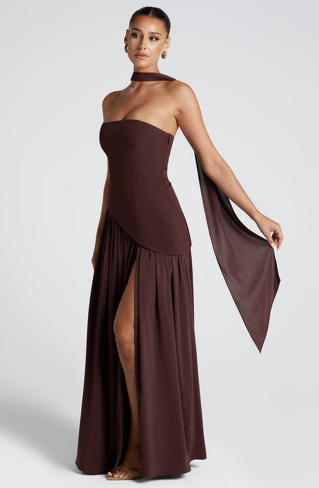 Fjorna | Women's Maxi Dress Plum Brown Non-Stretch Crepe with Thigh-High Split 1