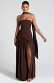 Fjorna | Women's Maxi Dress Plum Brown Non-Stretch Crepe with Thigh-High Split 2