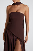 Fjorna | Women's Maxi Dress Plum Brown Non-Stretch Crepe with Thigh-High Split 5