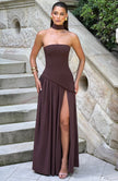 Fjorna | Women's Maxi Dress Plum Brown Non-Stretch Crepe with Thigh-High Split 6