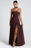 Fjorna | Women's Maxi Dress Plum Brown Non-Stretch Crepe with Thigh-High Split 7