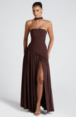 Fjorna | Women's Maxi Dress Plum Brown Non-Stretch Crepe with Thigh-High Split 8