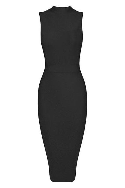 Fjorna | Women's Midi Dress Black Plus Size Polyester High Neck 0