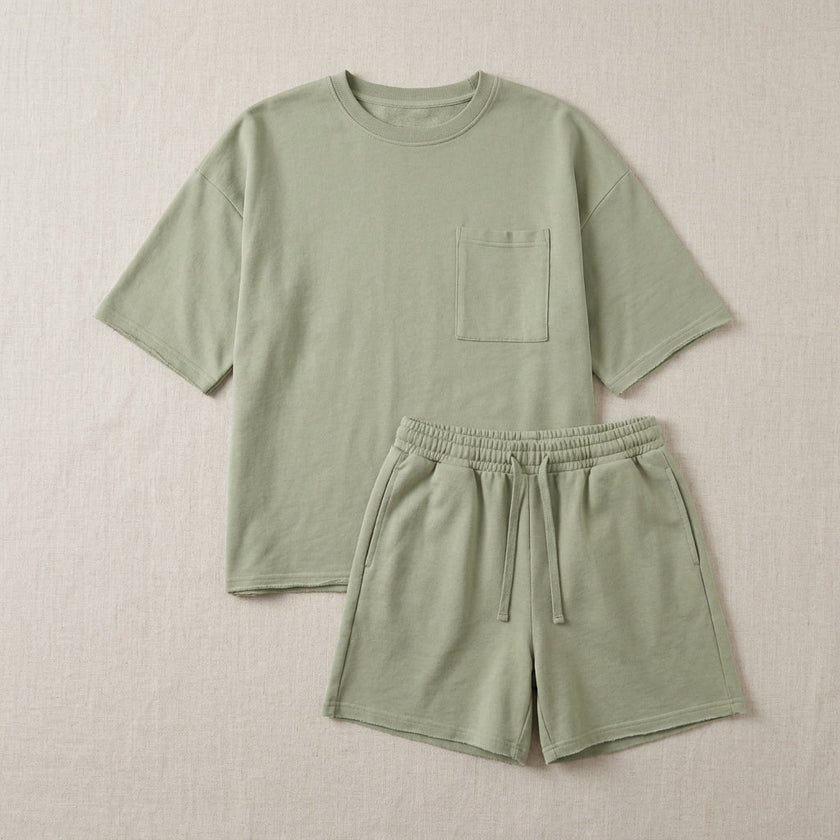 FJØRNA oversized two-piece set with relaxed fit, chest pocket, and wide-leg shorts, laid flat on a surface.