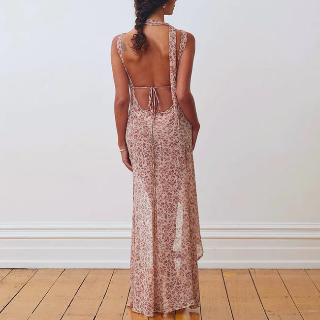 FJØRNA floral high slit women's maxi dress with a flowing design, perfect for summer and special occasions.