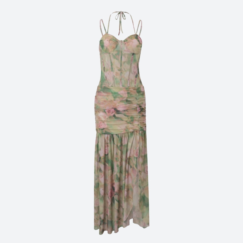 FJØRNA floral ruched maxi dress for women, featuring a summer, elegant design with vibrant floral patterns and a flowing silhouette.