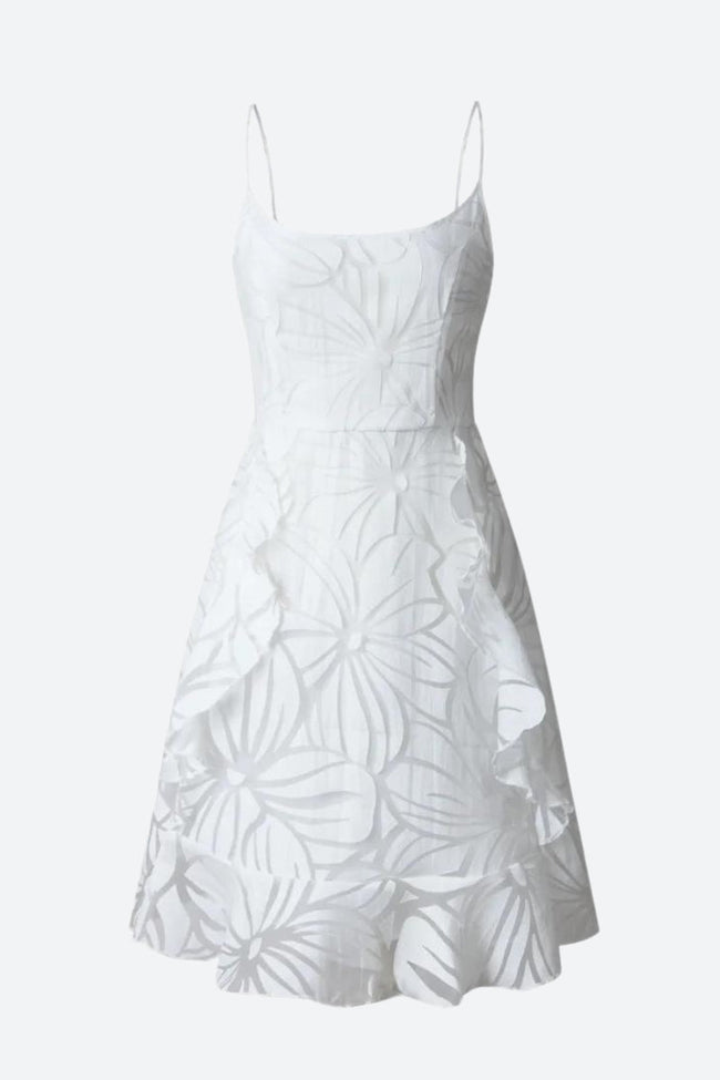 White floral ruffled mini dress by FJØRNA, featuring a feminine design with delicate ruffles and a stylish mini length.