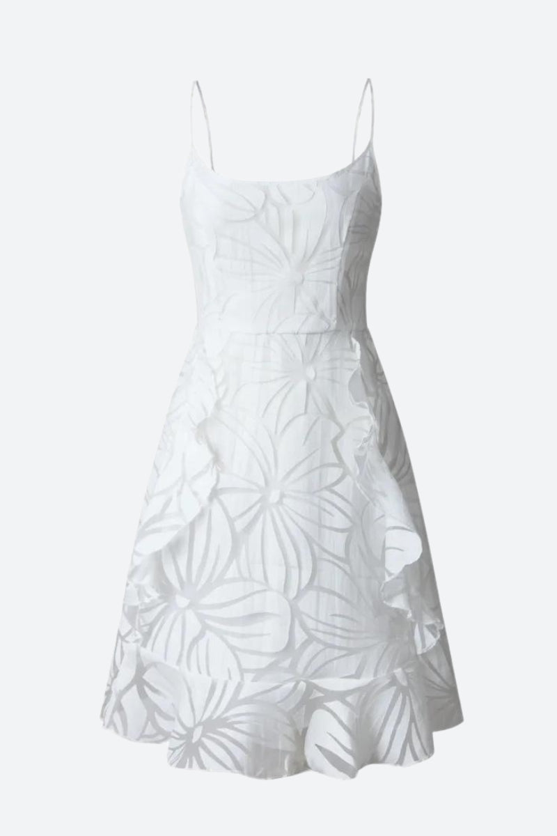 White floral ruffled mini dress by FJØRNA, featuring a feminine design with delicate ruffles and a stylish mini length.