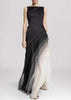 FJØRNA French black high waist patchwork tulle maxi dress, sleeveless with flowing fabric and elegant design.