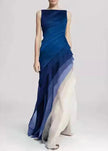 FJØRNA French black high waist patchwork tulle maxi dress, sleeveless design with elegant layered tulle fabric.