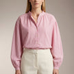 FJØRNA summer striped cotton blouse for women, front view showing lightweight fabric and stylish design.