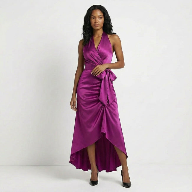 Fuchsia elegant maxi dress for women with halter neck and ruffle satin fabric, designed by FJØRNA.