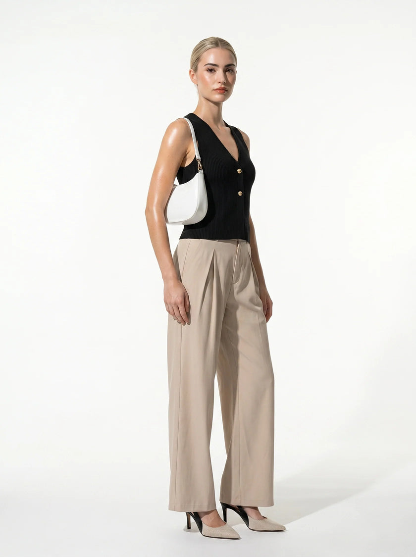 FJØRNA women's sleeveless, tailored structured waistcoat, full-body view, ideal for layering and modern styling.