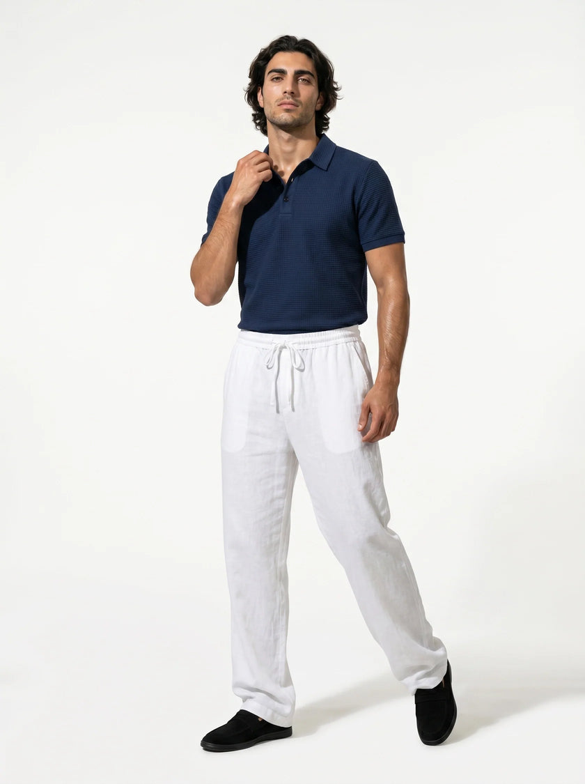Men's linen trousers by FJØRNA, relaxed fit summer pants, full-body view showcasing breathable, lightweight fabric and casual style.