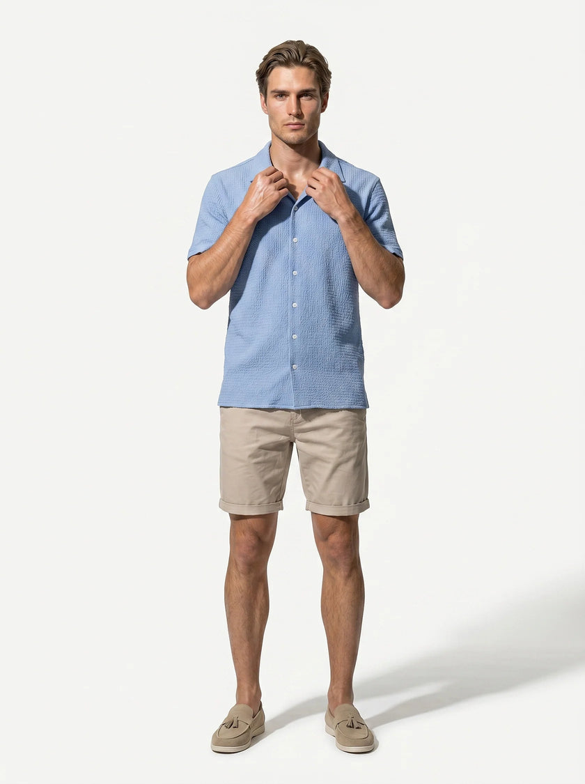 FJØRNA men's short sleeve button-up shirt, casual classic style, full-body view standing, lightweight and comfortable men's top