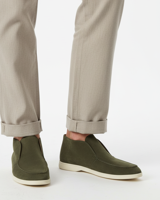 Men's deep green suede loafers by FJØRNA, classic slip-on shoes with a smooth suede finish and versatile style.