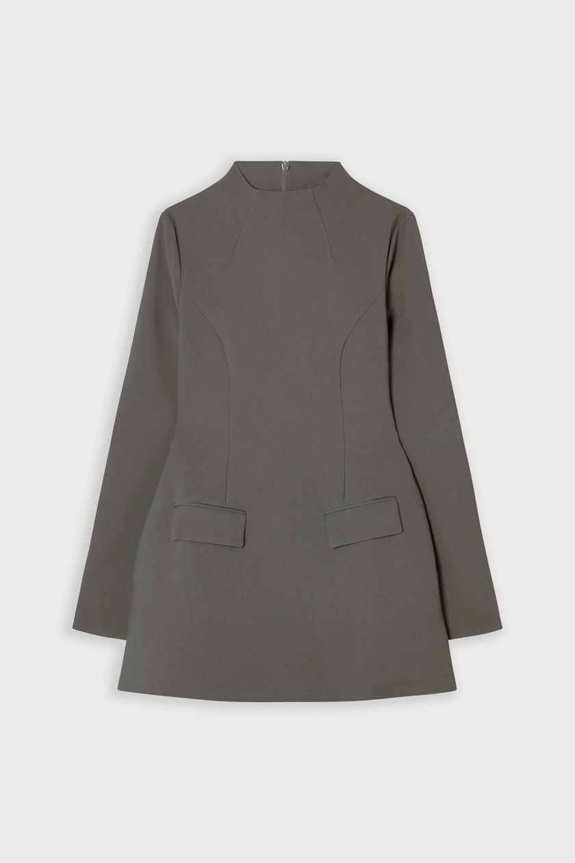 FJØRNA split sleeve mini dress in slate grey, showcasing a stylish dress with modern split sleeve design and fitted silhouette.