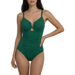 FJØRNA women's slim fit sculpting V-neck swimsuit in black, designed for beach and pool, featuring sleek, flattering swimwear style.