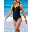 Women's slim fit sculpting V-neck swimsuit by FJØRNA, featuring a sleek design ideal for beach and pool swimwear.