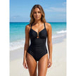 Women's slim fit sculpting V-neck swimsuit by FJØRNA, designed for beach and pool, featuring a flattering silhouette and swimwear details.