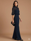 FJØRNA black chiffon top and wide-leg trousers three-piece pants set, elegant and flowing clothing ensemble for women.