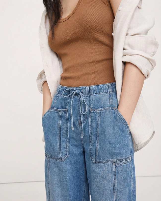 FJØRNA women's pull-on cotton jeans, stylish and comfortable pants for women, displayed in a clean, modern design.